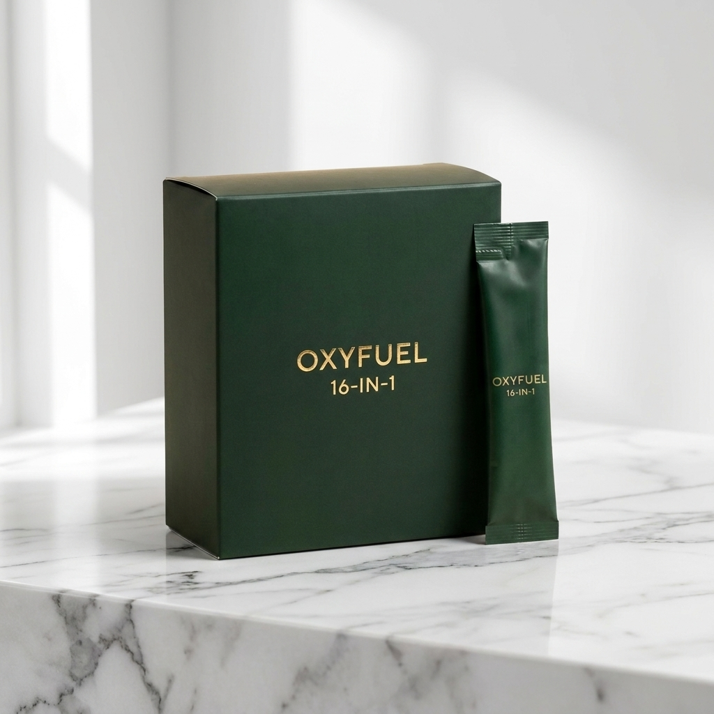 OXYFUEL 16-IN-1 Box and Sachet on Marble