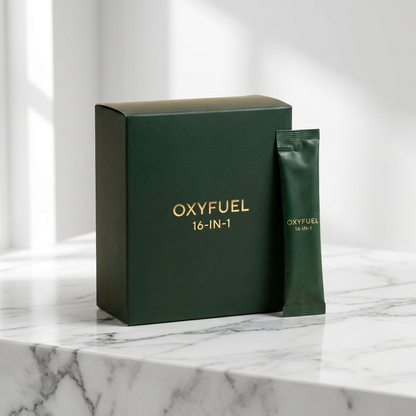 OXYFUEL 16-IN-1 Box and Sachet on Marble